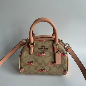 Coach Sydney Satchel Khaki Strawberry Signature Canvas Leather Bag CB596